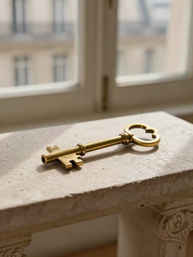 Portrait composition of elegant brass keys resting on a solid stone console table, soft morning light filtering through a Parisian window, warm textures.