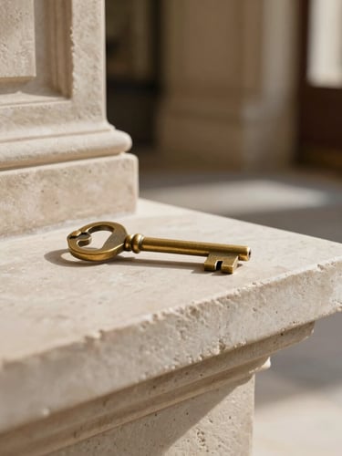 A close-up of a classic brass key resting on a pristine limestone console, soft morning light illuminating the architectural texture of a Parisian hallway