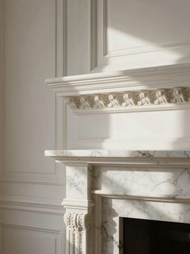 Medium close-up of sun-drenched architectural crown moldings and a marble fireplace in a Parisian apartment, soft morning light, focus on plaster textures.