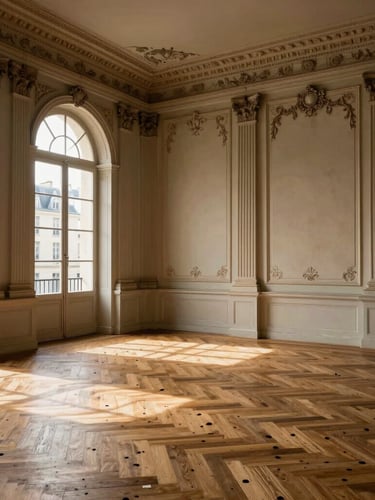 Vue rapprochée d'un salon haussmannien baigné de lumière matinale parisienne, moulures d'époque au plafond, parquet Point de Hongrie impeccable.