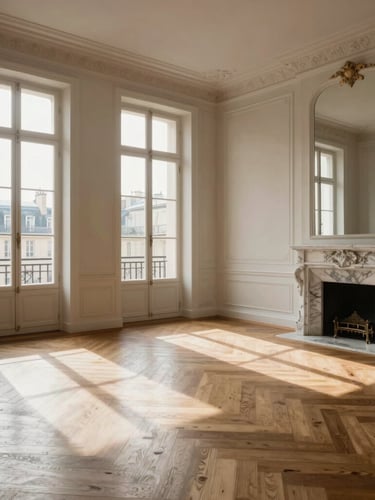 Soft diffused Parisian morning light illuminating a Haussmannian living room with tall windows, herringbone parquet flooring, and a marble fireplace, medium wide angle.