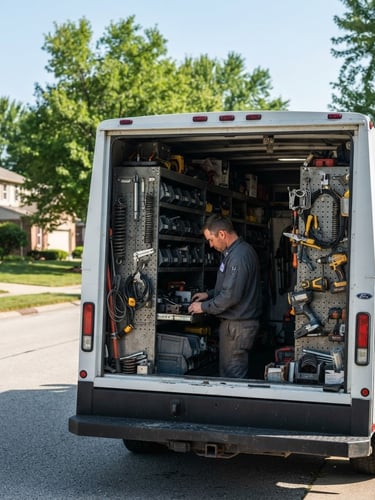 Fully stocked service truck for Venture Garage Door's Repairs, parked on a sunny Greenfield street, technician checking tools in the back, natural daylight, medium shot.