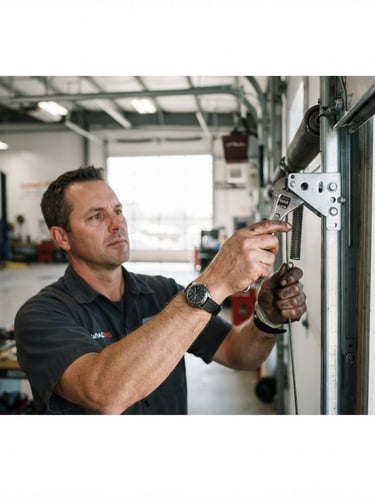 Close-up of a technician's hands expertly adjusting a garage door mechanism, bright natural daylight, sharp focus, clean industrial setting, 35mm lens, wide panoramic frame with technician off-center to the left and door mechanism on the right, low horizon, expansive garage interior.
