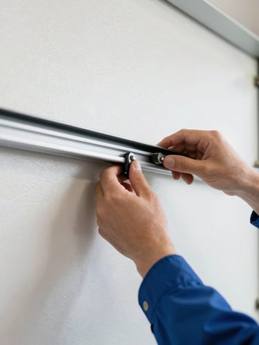 Technician's hands expertly adjusting a garage door track, focused on the mechanism, clean tools visible, bright garage interior lighting.