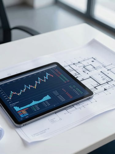 Professional architectural office workspace, a tablet showing financial simulation graphs next to construction blueprints, clean daylight, sharp focus