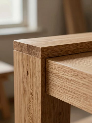 Macro close-up of a through-tenon joint in white oak, soft side-lighting from a workshop window, rich wood grain texture, shallow depth of field, 35mm