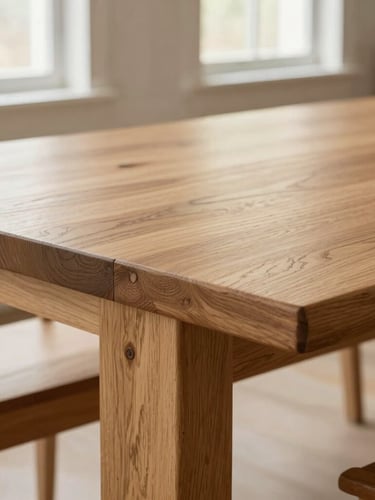 Close-up of a white oak dining table showing interlocking through-tenon joints, natural side-lighting from workshop windows, rich wood grains, shallow depth of field, 35mm photography
