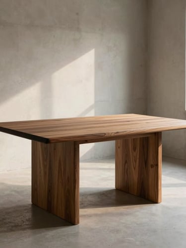 Wide shot of a solid walnut dining table in a minimalist, sunlit architectural dining room with concrete walls, soft directional shadows, warm editorial photography