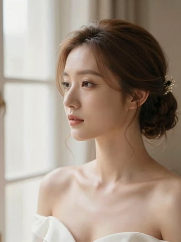 Editorial portrait of a bride, soft natural window light, muted rose gold and beige tones, focus on delicate hair styling and glowing skin, 35mm