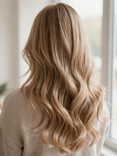 Editorial close-up of soft hand-painted balayage hair texture under warm window light, muted beige tones, shallow depth of field