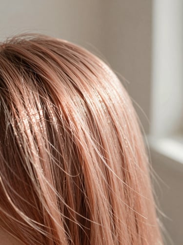Warm editorial close-up of soft sunlight reflecting off textured hair and clean alabaster surfaces, 35mm photography