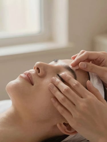 Close-up of hands gently applying clinical skin therapy to a client's face, soft warm window light, muted beige tones, shallow depth of field.