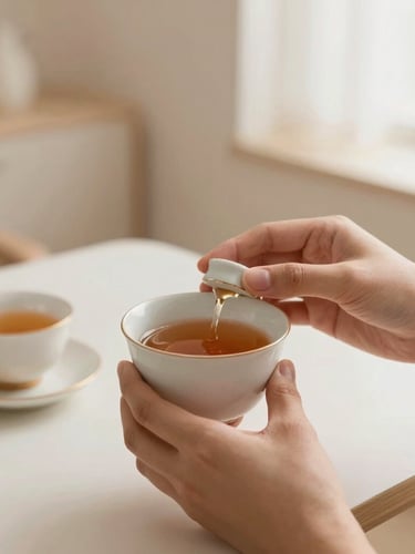Close-up of hands preparing warm tea in a ceramic cup, soft focus background of a pristine minimalist salon interior, warm lighting