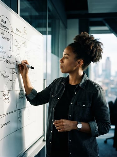 A low-angle heroic 35mm shot of a diverse founder sketching a business model on a whiteboard, intense focus, sharp natural window light, high contrast, deep slate tones.