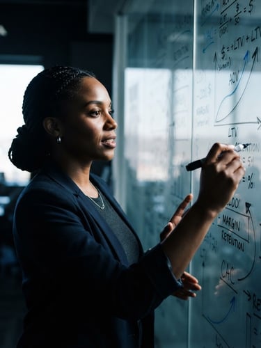 Close-up of a diverse female founder presenting a unit economics model on a glass whiteboard, sharp natural side light, high contrast, 35mm lens