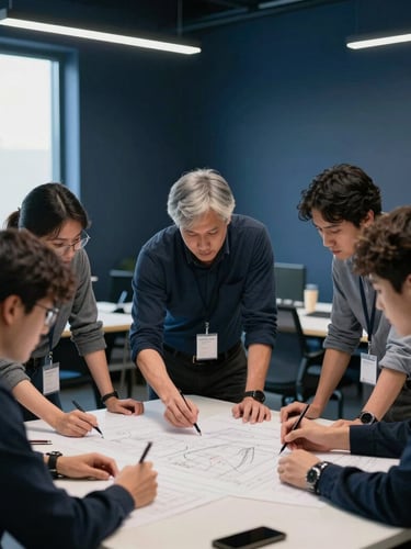 Focused corporate sponsors and founders collaborating over blueprints in a modern high-contrast workshop space, deep slate tones, cool blue ambient light