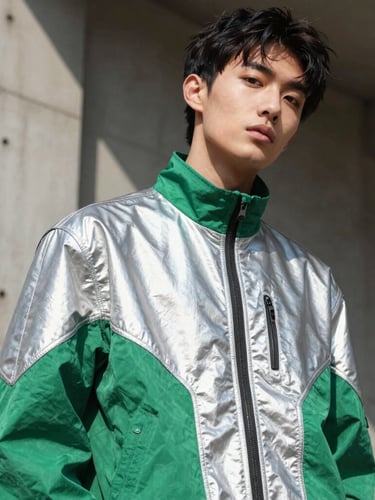 Low-angle shot of a Gen Z model wearing a reconstructed metallic silver and emerald green jacket in an industrial concrete setting, harsh direct sunlight.