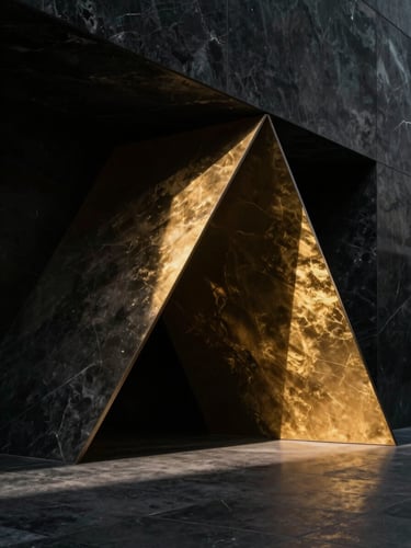 Low-key dramatic portrait of abstract obsidian architectural geometry, sharp angles, single-source gold metallic lighting casting deep shadows, ultra-premium aesthetic.