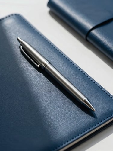 Tight macro detail shot of an organized designer desk with a sleek metal pen, structured leather folder, and clean geometric shadows under cool daylight.