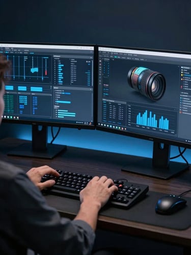 A video editor using dual monitor workstations to perform digital photo retouching and camera lens rendering.