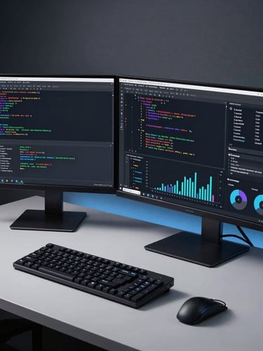 A high-end clean desk setup with dual monitors showing code and analytics charts, cool low-key studio lighting with subtle blue accents, sharp focus.