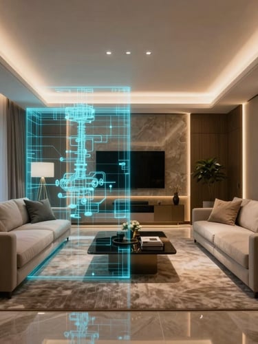 Architectural straight-on view of a luxury Selangor living room, half rendered as a glowing cyan technical wireframe and half as a finished, warm bronze-lit physical space.