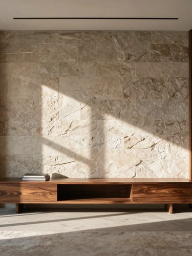 Straight-on architectural shot of a minimalist living room in Selangor, dramatic natural light casting long shadows across textured stone walls and custom dark timber millwork