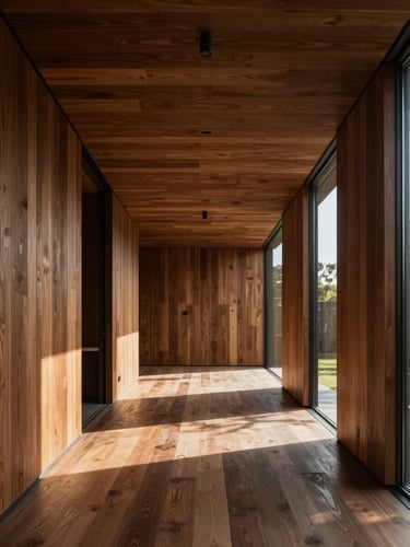 Straight-on architectural shot of a minimalist luxury living pavilion, dramatic natural light casting sharp geometric shadows on premium textured wood panels, high-contrast, zero-distortion wide angle.
