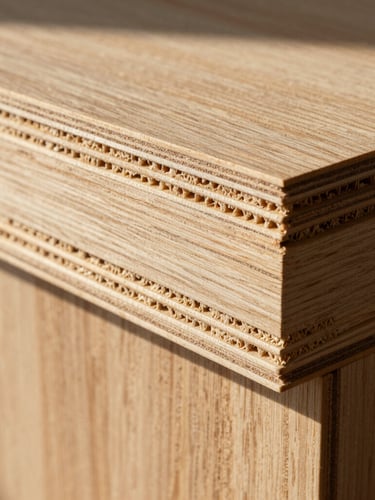 Macro architectural photograph of a high-tech engineered wood panel, showing ultra-fine grain texture and multi-layered structural core under dramatic, directional natural light.