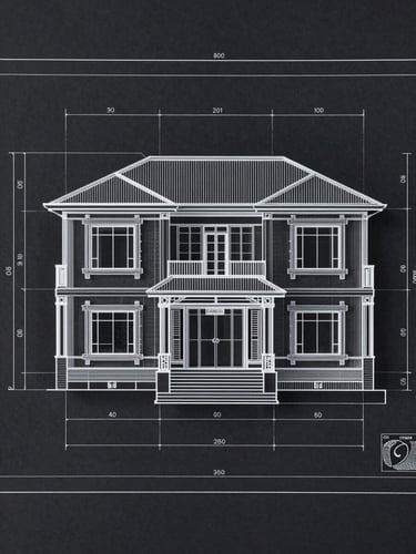 Straight-on architectural blueprint schematic of a luxury residence layout, high-contrast white lines on a deep charcoal background, technical markings, clean minimalist drafting style.