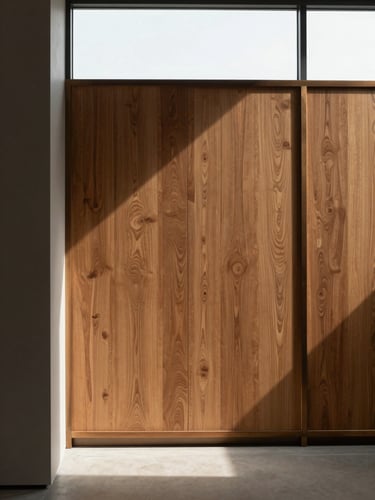 Straight-on architectural crop of a minimalist gallery interior in Selangor, dramatic natural light from a high window casting long soft shadows across a textured engineered wood panel wall, warm bronze metal trim, zero-distortion framing.