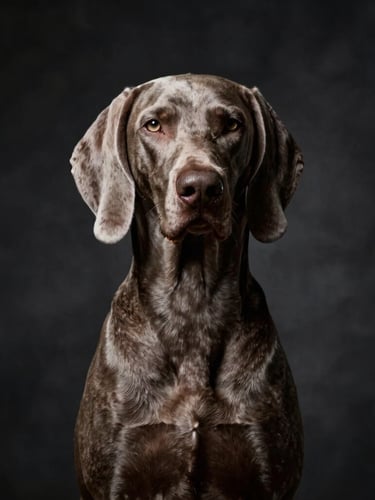 Fine art studio portrait of a noble Weimaraner, dramatic Chiaroscuro lighting, deep shadows, soft highlights, dark textured background, 85mm