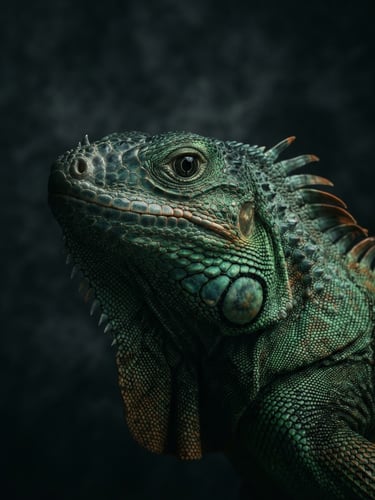 A close-up studio portrait of a majestic green iguana, dramatic low-key lighting, dark textured background, rich scales, soulful expression, 85mm