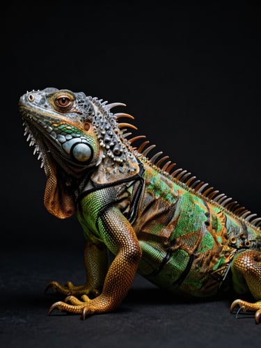 Elegant studio portrait of a green iguana, showcasing detailed scales under dramatic single-source studio lighting, dark obsidian background, deep shadows