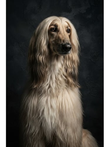 Fine art studio portrait of a majestic Afghan Hound, dramatic low-key lighting, dark textured background, rich fur texture, soulful expression, 85mm