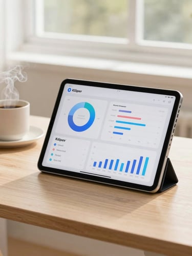 Primer plano de un dispositivo tablet elegante mostrando gráficos limpios de Kliper sobre un escritorio de madera clara, junto a una taza de café humeante y luz solar matutina filtrándose por la ventana.