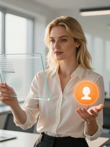 Medium-close portrait of an attractive professional blonde woman in a bright modern office. In one hand she holds a clean, floating glass-like UI window panel, and in her other hand, a softly glowing orange help icon. High-end editorial photography, warm natural daylight, soft focus, 35mm