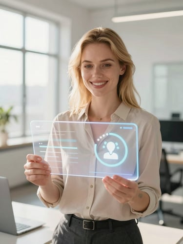 Warm editorial photography, bright natural daylight, 35mm. A professional, confident blonde woman smiling, holding a glowing glass-like holographic window UI in one hand and a floating help support icon in the other. Modern bright office space, soft focus.