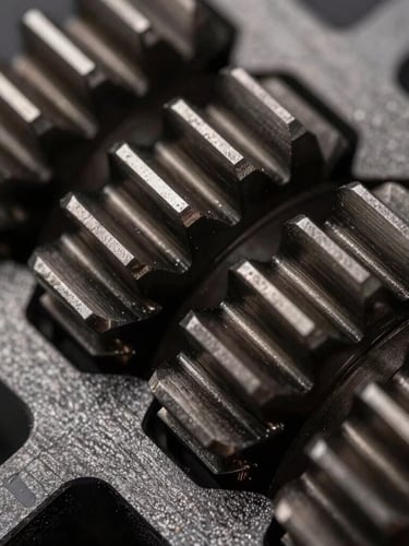 Extreme close-up macro shot of interlocking CNC-machined aluminum teeth, anodized charcoal finish, dramatic side light highlighting sharp metallic edges and precise tolerances.