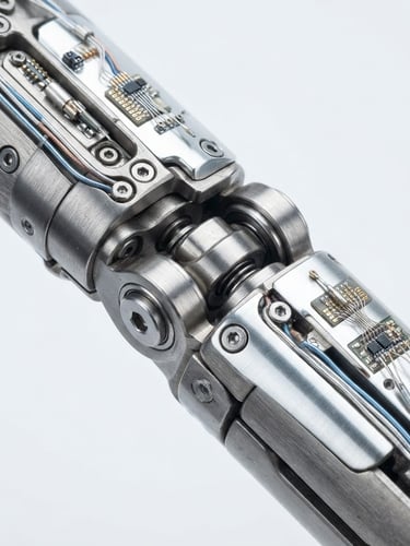 Macro detail of brushed titanium joints and silver neural sensors under crisp studio lighting, clean white background, 50mm