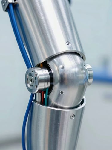 Macro detail shot of a brushed titanium exoskeleton knee joint, electric blue wiring, clean clinical studio lighting, hyper-focused depth of field, 50mm