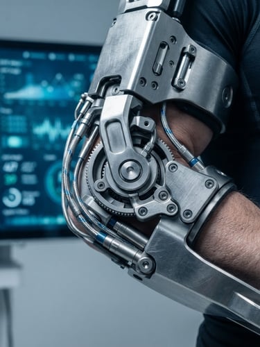 Macro detail of brushed titanium exoskeleton joint, high-resolution AI interface screen in background, crisp studio lighting, cool silver and blue tones, 50mm