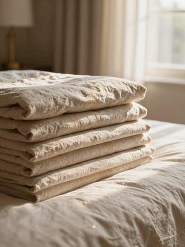 Beautifully styled luxury bed in natural light, folded linen stacks nearby, warm editorial photography, 35mm