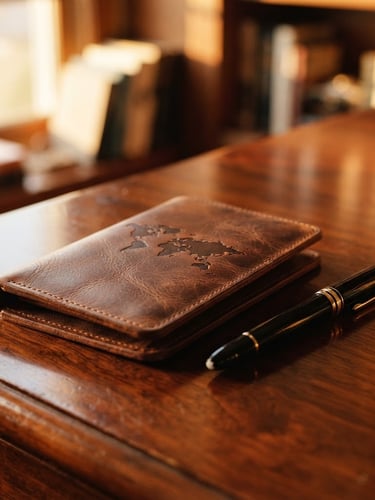 An elegant close-up of a premium leather passport holder beside a sleek fountain pen on a polished mahogany table, soft golden-hour window light.
