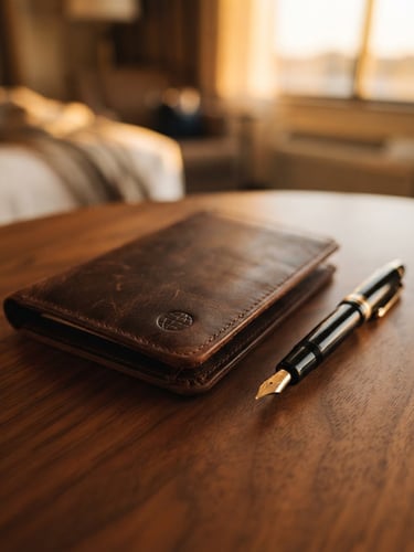 An elegant close-up of a leather passport holder resting on a walnut table beside a fountain pen, soft golden hour light, shallow depth of field, 35mm
