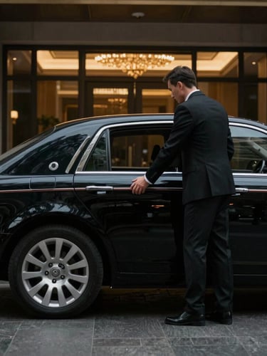 A professional chauffeur in a tailored suit, discreetly opening the rear door of a pristine black executive sedan, parked outside a modern embassy building, low-key dramatic lighting, portrait aspect.