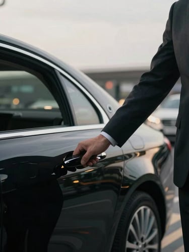 Professional chauffeur in a tailored dark suit opening the door of a black luxury sedan, blurred airport terminal in the background, soft overcast daylight, focus on the hand and vehicle door.