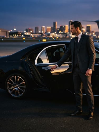 A professional chauffeur in a tailored dark suit, holding open the rear door of a pristine black Mercedes S-Class, blurred airport tarmac and city lights in the background, low-key dramatic evening light, golden hour reflection on chrome.