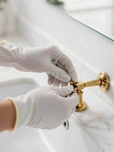 Close-up of professional gloved hands carefully detailing a brass fixture on a pristine marble vanity, bright natural daylight, crisp clean interior, 35mm lens