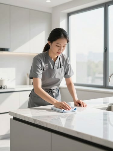 A uniformed professional cleaner in a crisp gray apron meticulously wiping a minimalist marble countertop with a microfiber cloth, soft natural morning light reflecting off the pristine surface, clean architectural lines, 35mm lens editorial photography.